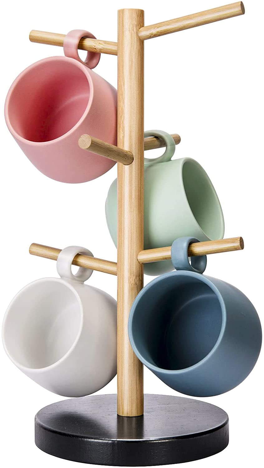 Bamboo Mug Holder Tree, Thicker Base Coffee Cup Holder Stand for Counter, Mug Rack with 6 Hooks