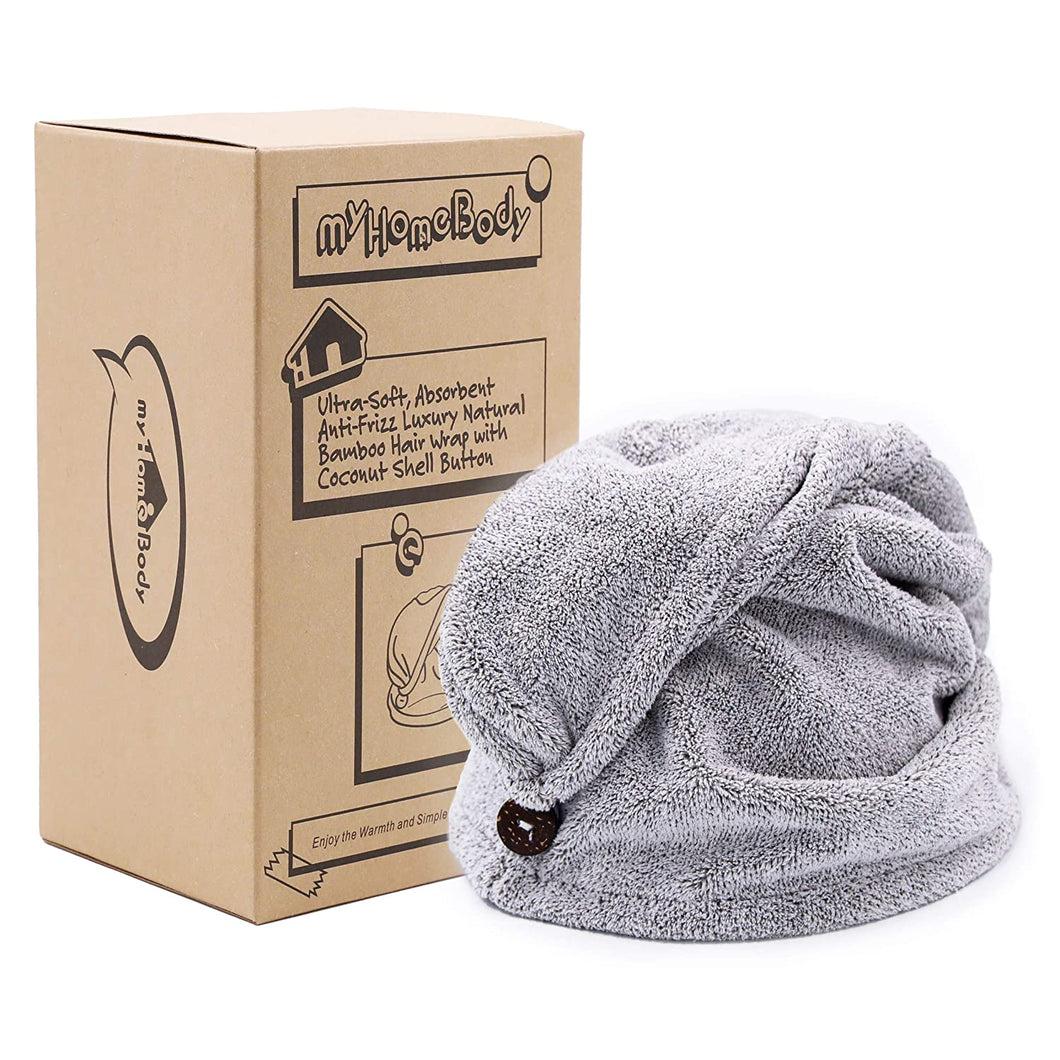 Hair Towel Wrap | Luxury Rapid-Dry Hair-Drying Turban | Ultra Soft and Quick Drying Absorbent Charcoal Fiber, with Coconut Shell Button - Gray