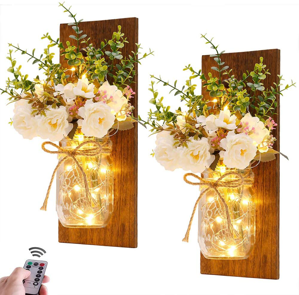 Rustic Wall Sconces Mason Jar Sconces Handmade Wall Art Hanging Design with Remote Control LED Fairy Lights and White Peony,Farmhouse Kitchen Decorations Wall Home Decor Living Room Lights Set of Two