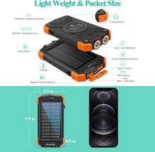 Load image into Gallery viewer, Solar Power Bank, Qi Portable Charger 10,000Mah External Battery Pack Type C Input Port Dual Flashlight, Compass, Solar Panel Charging (Orange)
