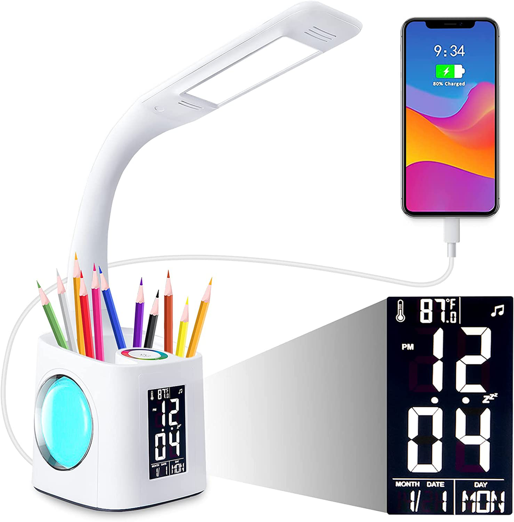 Study LED Desk Lamp with USB Charging Port, Kids Dimmable LED Table Lamp with Clock and Pen Holder, Home Office, College Student Dormitory, Reading Eye Protection Desk Lamp, Color Night Light,10W