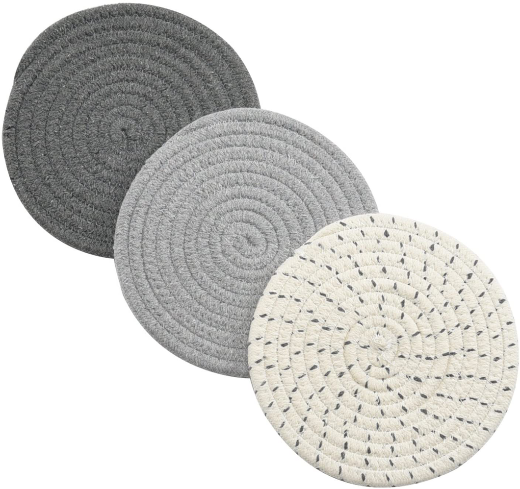 Potholders Set Trivets Set 100% Pure Cotton Thread Weave Hot Pot Holders Set (Set of 3) Stylish Coasters, Hot Pads, Hot Mats,Spoon Rest for Cooking and Baking by Diameter 7 Inches (4 Color Variants)