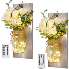 Load image into Gallery viewer, Rustic Wall Sconces Mason Jar Sconces Handmade Wall Art Hanging Design with Remote Control LED Fairy Lights and White Peony,Farmhouse Kitchen Decorations Wall Home Decor Living Room Lights Set of Two
