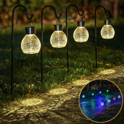 4 Pack Hanging Solar Lights Set with Shepherd Hooks, Outdoor Color Changing Solar Powered Waterproof Landscape Lanterns with Crackle Glass Ball Design Pathway Decoration