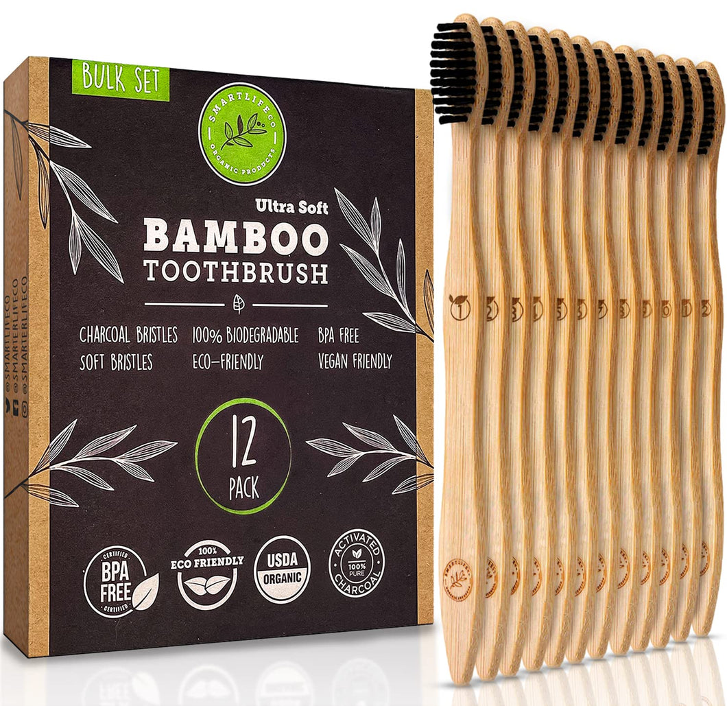 Charcoal Bamboo Toothbrushes (12 Pack) - Extra Soft Natural Bristles for Adults & Kids Teeth | Zero Waste Biodegradable Bulk Wooden Tooth Brush Travel Kit | BPA Free, Eco-Friendly Organic Compostable